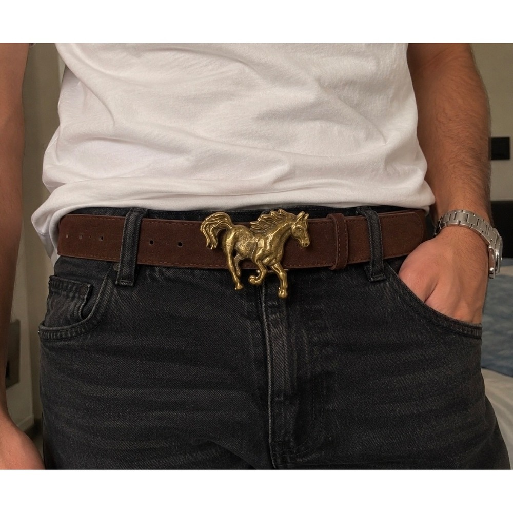 Vintage Style Brown faux Suede Belt Gold Tone Horse Buckle Western 44 inches